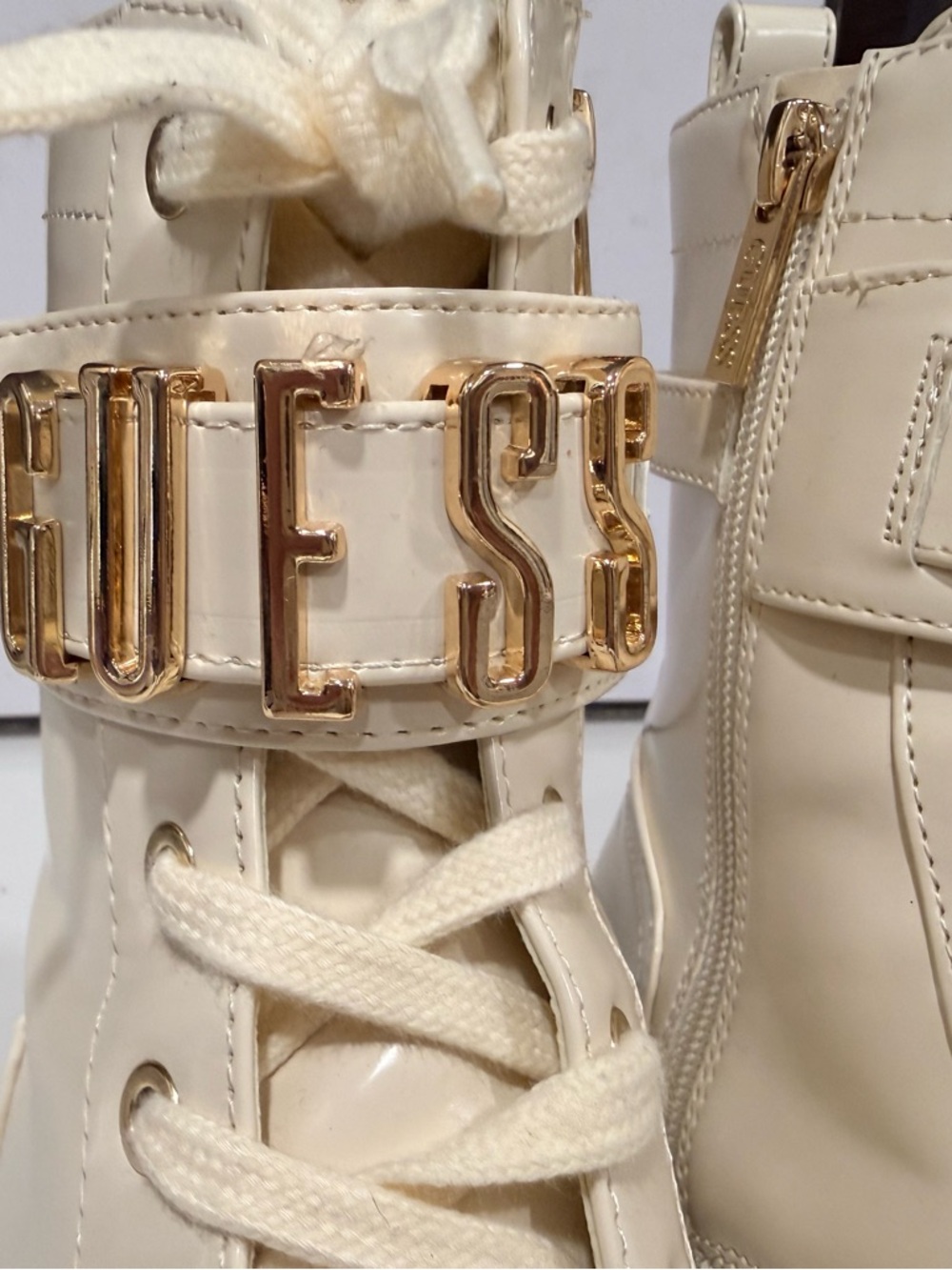 GUESS Cream Combat Boot with Black Lug Sole and Gold Logo Cuff - Picture 8 of 10